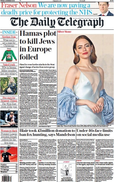The Daily Telegraph Newspaper Front Page for 15 December 2023