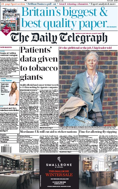 The Daily Telegraph Newspaper Front Page for 15 January 2018