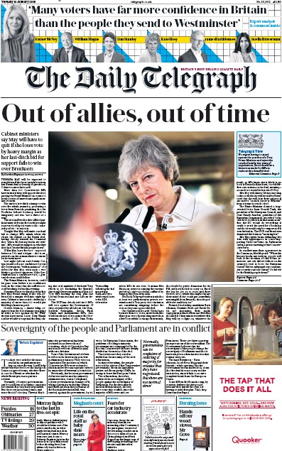 The Daily Telegraph Newspaper Front Page for 15 January 2019
