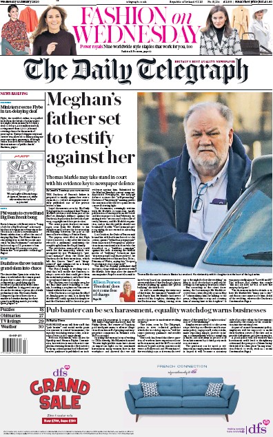 The Daily Telegraph Newspaper Front Page for 15 January 2020