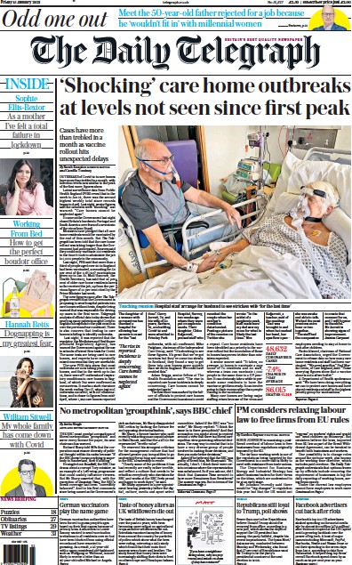 The Daily Telegraph Newspaper Front Page for 15 January 2021