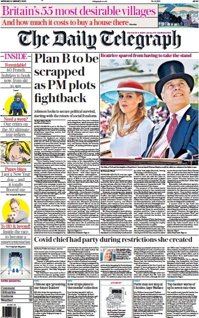 The Daily Telegraph (UK) Newspaper Front Page for 15 January 2022