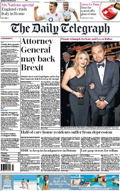 The Daily Telegraph (UK) Newspaper Front Page for 15 February 2016
