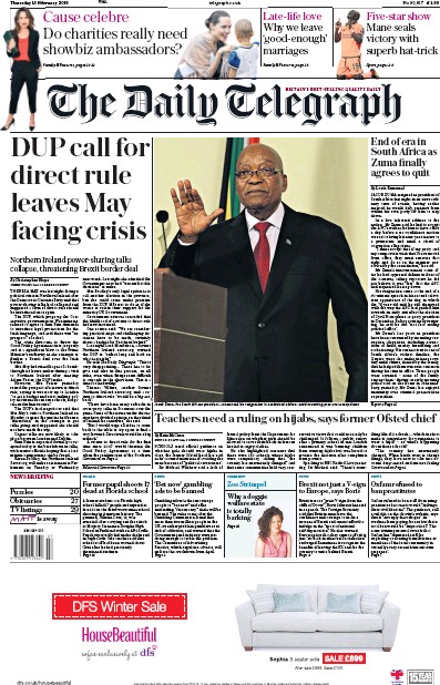 The Daily Telegraph Newspaper Front Page for 15 February 2018