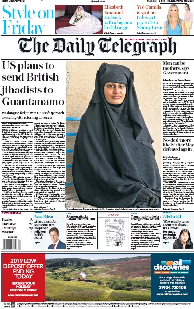 The Daily Telegraph Newspaper Front Page for 15 February 2019