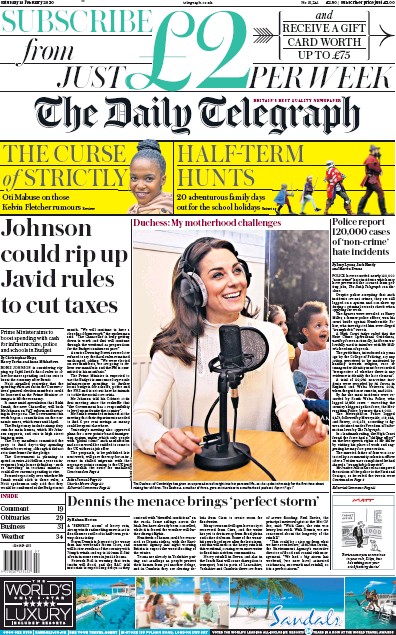 The Daily Telegraph Newspaper Front Page for 15 February 2020