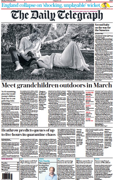 The Daily Telegraph Newspaper Front Page for 15 February 2021