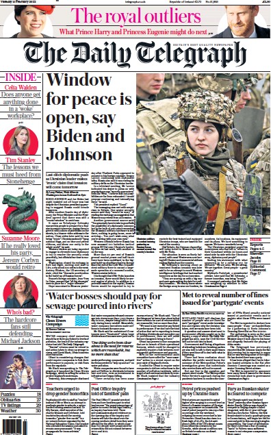 The Daily Telegraph Newspaper Front Page for 15 February 2022