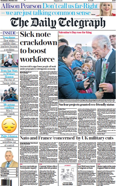 The Daily Telegraph (UK) Newspaper Front Page for 15 February 2023