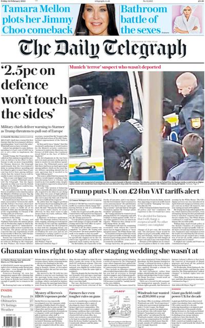 The Daily Telegraph (UK) Newspaper Front Page for 15 February 2025