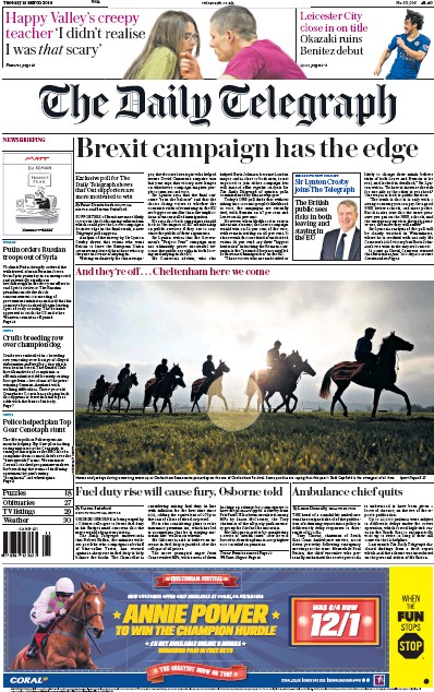 The Daily Telegraph Newspaper Front Page for 15 March 2016