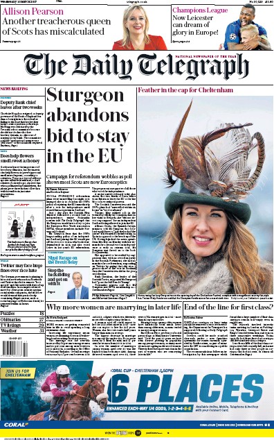 The Daily Telegraph (UK) Newspaper Front Page for 15 March 2017