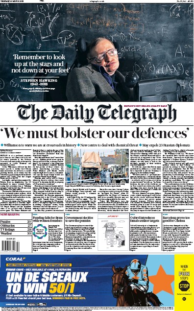 The Daily Telegraph Newspaper Front Page for 15 March 2018