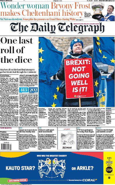 The Daily Telegraph Newspaper Front Page for 15 March 2019