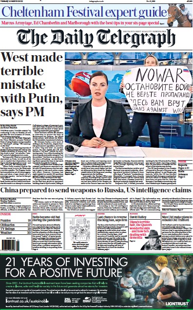 The Daily Telegraph Newspaper Front Page for 15 March 2022