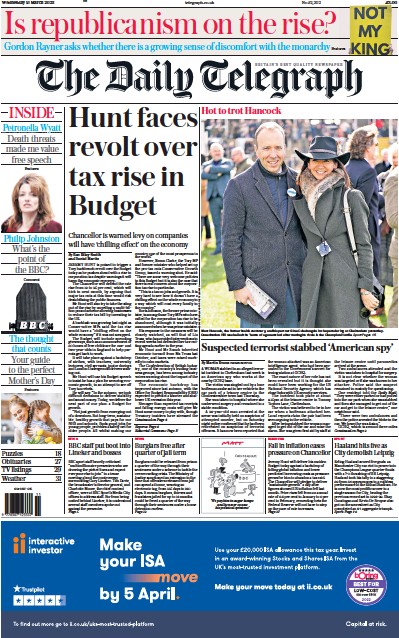 The Daily Telegraph (UK) Newspaper Front Page for 15 March 2023