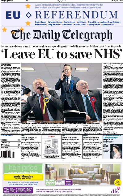 The Daily Telegraph Newspaper Front Page for 15 April 2016