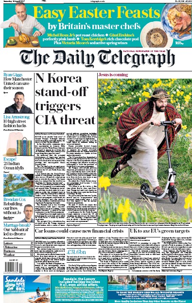 The Daily Telegraph Newspaper Front Page for 15 April 2017