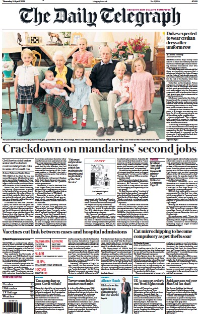 The Daily Telegraph (UK) Newspaper Front Page for 15 April 2021