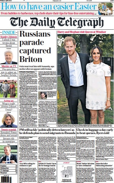 The Daily Telegraph Newspaper Front Page for 15 April 2022