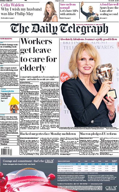 The Daily Telegraph Newspaper Front Page for 15 May 2017