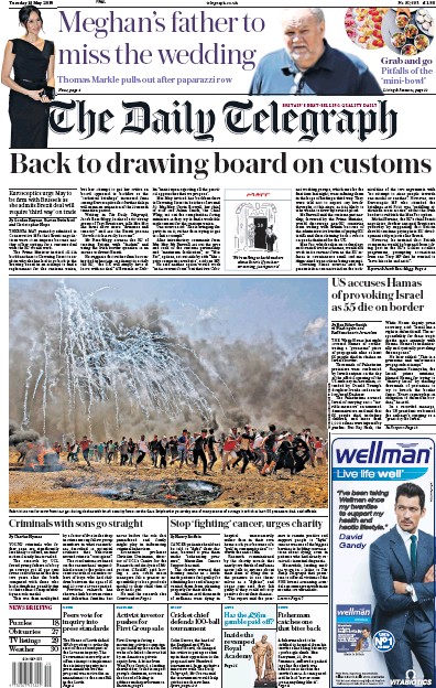 The Daily Telegraph Newspaper Front Page for 15 May 2018