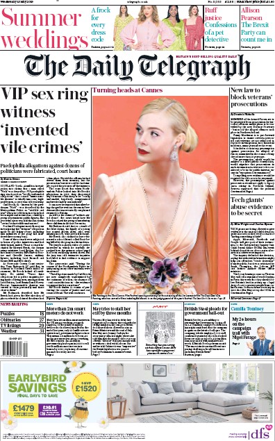 The Daily Telegraph Newspaper Front Page for 15 May 2019