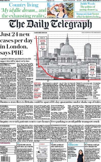 The Daily Telegraph Newspaper Front Page for 15 May 2020
