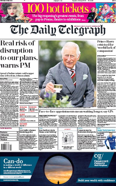 The Daily Telegraph Newspaper Front Page for 15 May 2021
