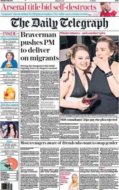 The Daily Telegraph (UK) Newspaper Front Page for 15 May 2023