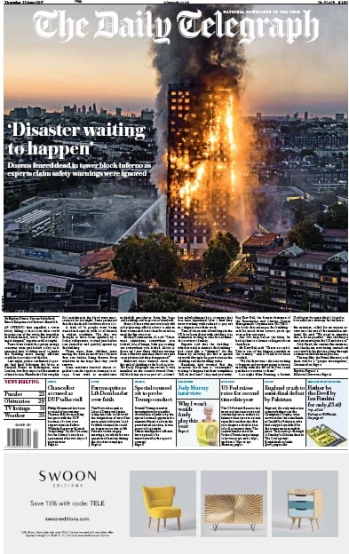 The Daily Telegraph Newspaper Front Page for 15 June 2017