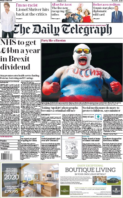 The Daily Telegraph (UK) Newspaper Front Page for 15 June 2018