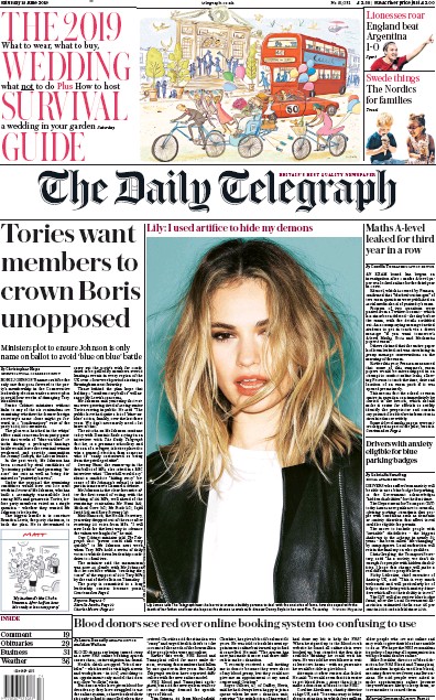 The Daily Telegraph Newspaper Front Page for 15 June 2019