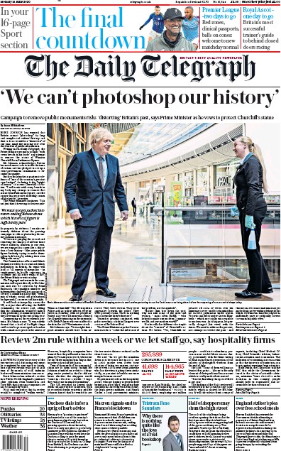 The Daily Telegraph Newspaper Front Page for 15 June 2020