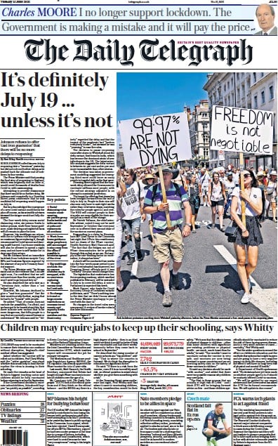 The Daily Telegraph (UK) Newspaper Front Page for 15 June 2021