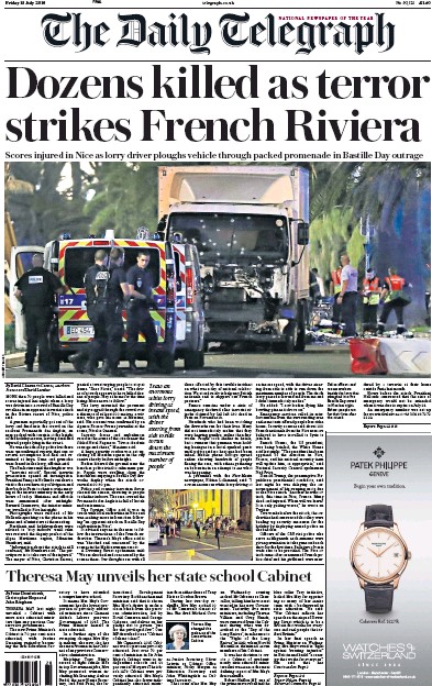 The Daily Telegraph Newspaper Front Page for 15 July 2016