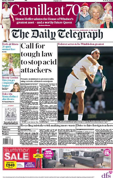 The Daily Telegraph Newspaper Front Page for 15 July 2017