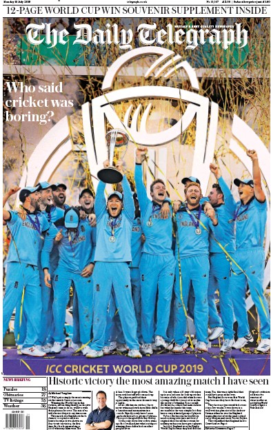 The Daily Telegraph Newspaper Front Page for 15 July 2019