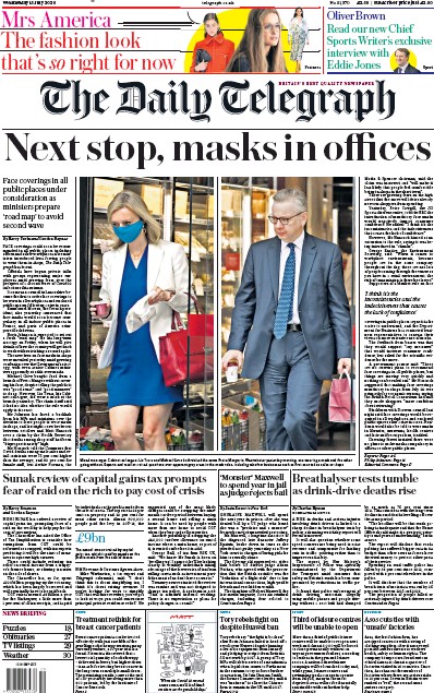 The Daily Telegraph Newspaper Front Page for 15 July 2020