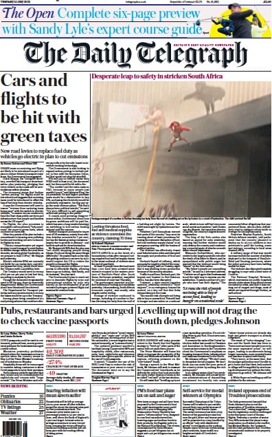 The Daily Telegraph (UK) Newspaper Front Page for 15 July 2021