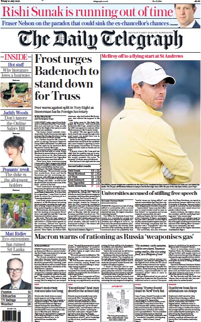 The Daily Telegraph Newspaper Front Page for 15 July 2022