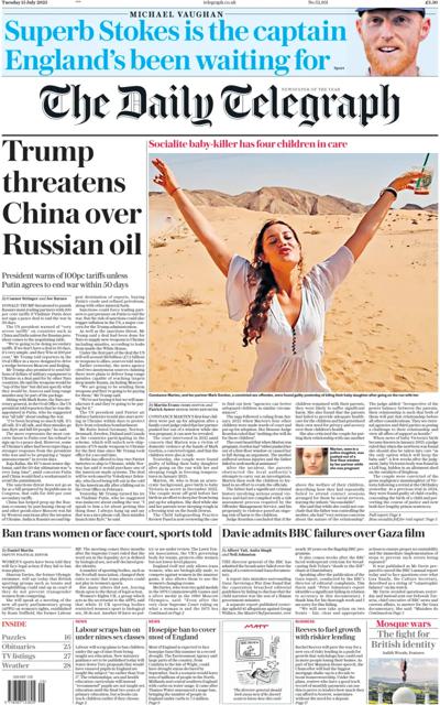 The Daily Telegraph (UK) Newspaper Front Page for 15 July 2025