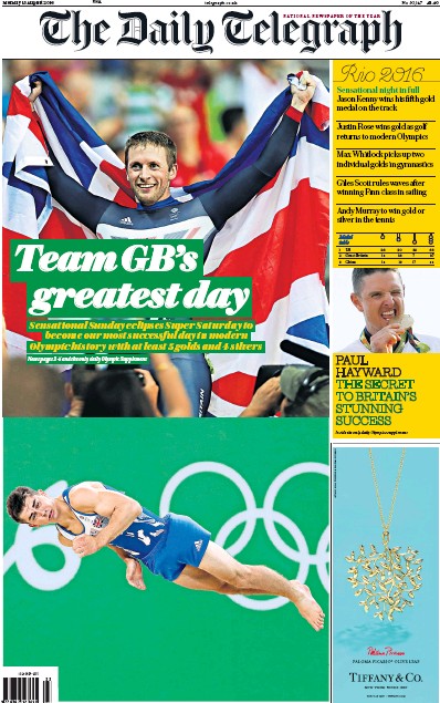 The Daily Telegraph Newspaper Front Page for 15 August 2016