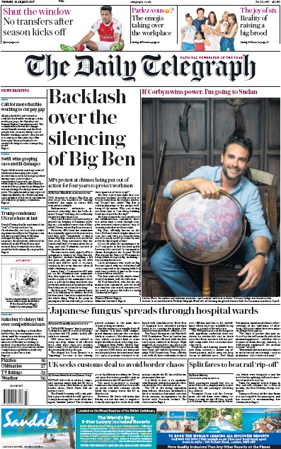 The Daily Telegraph Newspaper Front Page for 15 August 2017