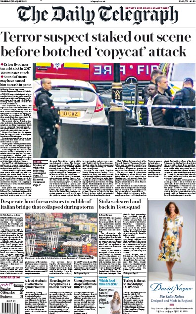 The Daily Telegraph (UK) Newspaper Front Page for 15 August 2018