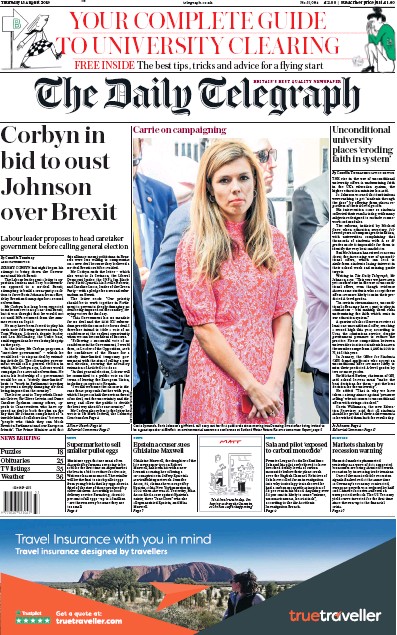The Daily Telegraph Newspaper Front Page for 15 August 2019