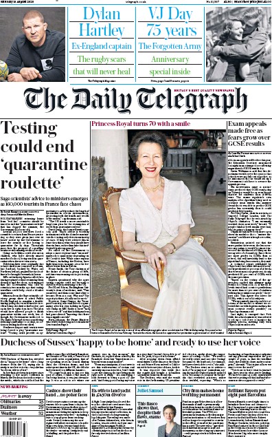 The Daily Telegraph Newspaper Front Page for 15 August 2020