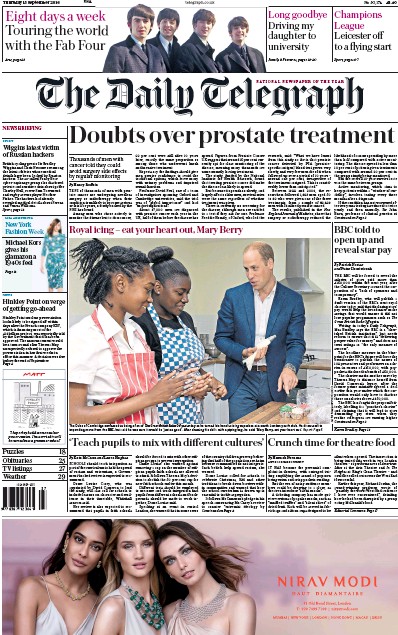 The Daily Telegraph Newspaper Front Page for 15 September 2016