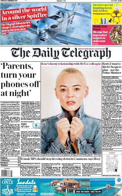 The Daily Telegraph Newspaper Front Page for 15 September 2018