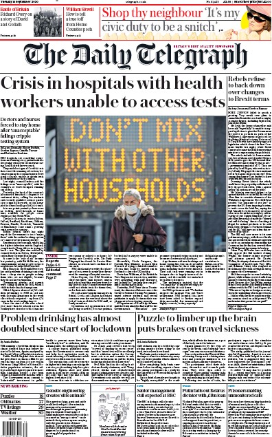 The Daily Telegraph Newspaper Front Page for 15 September 2020